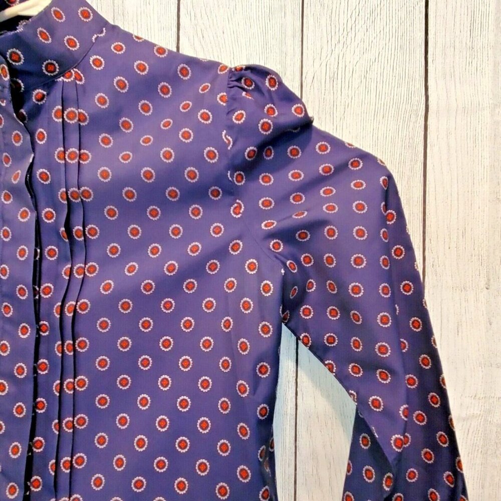 Vintage Santu Women's Banded Neck Red, White & Blue Puckered Sleeve Blouse - Picture 4 of 5